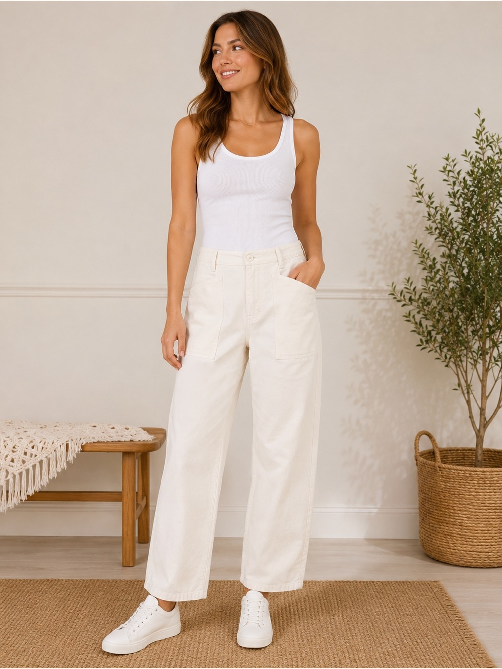 Nili Lotan Cream Wide-Leg High-Rise Barrel pants